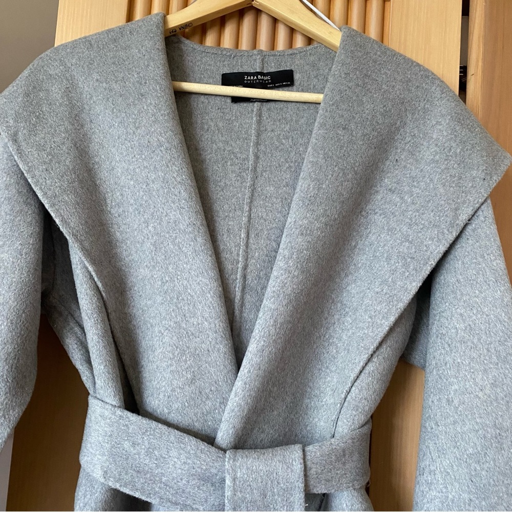 NEW Zara wool blend wrap belted coat with hood light heather grey